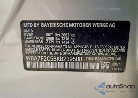 2019 BMW Alpina B7 z USA, uszkodzony, nr VIN WBA7F2C58KB239588